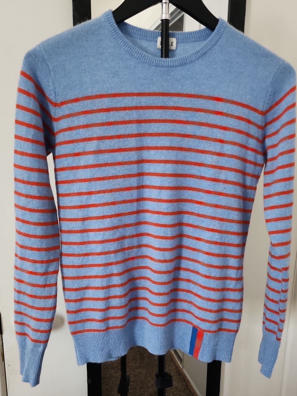 KULE Cashmere Light Blue Crewneck Sweater with Red Stripes